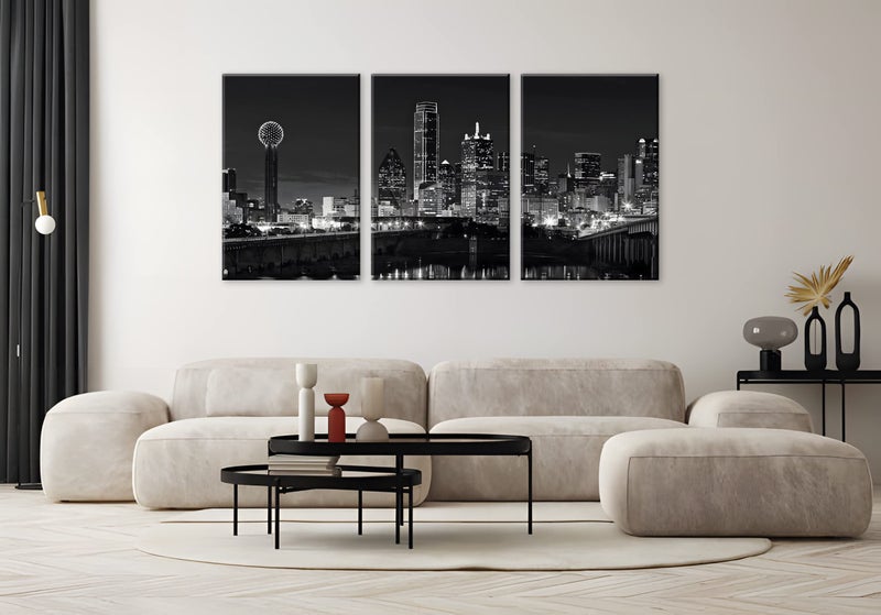 NAN Wind 3 Pcs Wall Art Dallas Skyline Black & White Canvas Art Paintings For Room Decor Dallas Cityscape Skyscrapers Night Scene Picture Prints On Canvas For Home Decor Modern Giclee Framed - Image 3